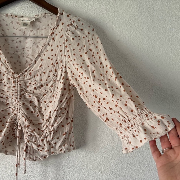 Ruched Cropped Top Cream and Rust Brown Polka Dot Medium Feminine Boho Prairie - Picture 3 of 9